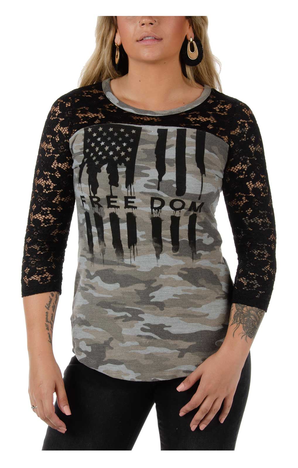 Liberty Wear Women's Bleeding Freedom Flag 3/4 Lace Sleeves Thermal Top -  Camo