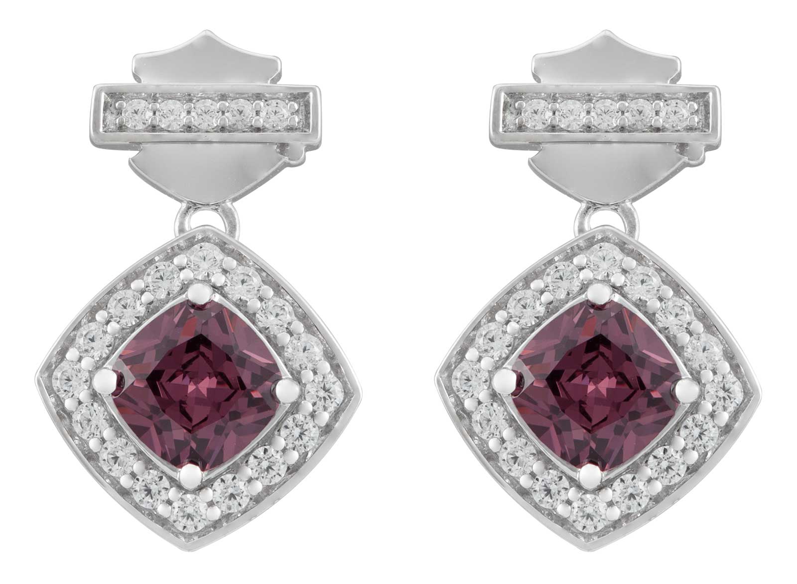 Harley-Davidson Women's Cushion Cut Rhodolite B&S Crystal Drop Earrings - Silver - Wisconsin Harley-Davidson