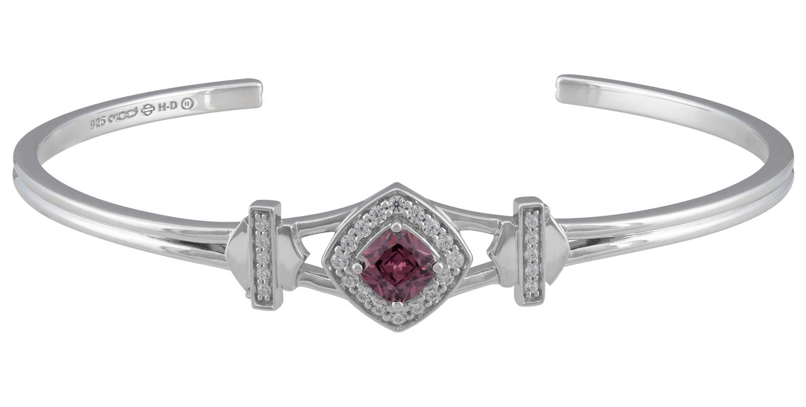 Harley-Davidson Women's Cushion Cut Rhodolite B&S Crystal Cuff Bracelet - Silver - Wisconsin Harley-Davidson