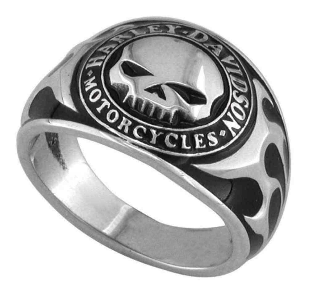 Harley-Davidson Men's Willie G Skull Flames Black Enamel Ring, Silver HDR0143 - Wisconsin Harley-Davidson