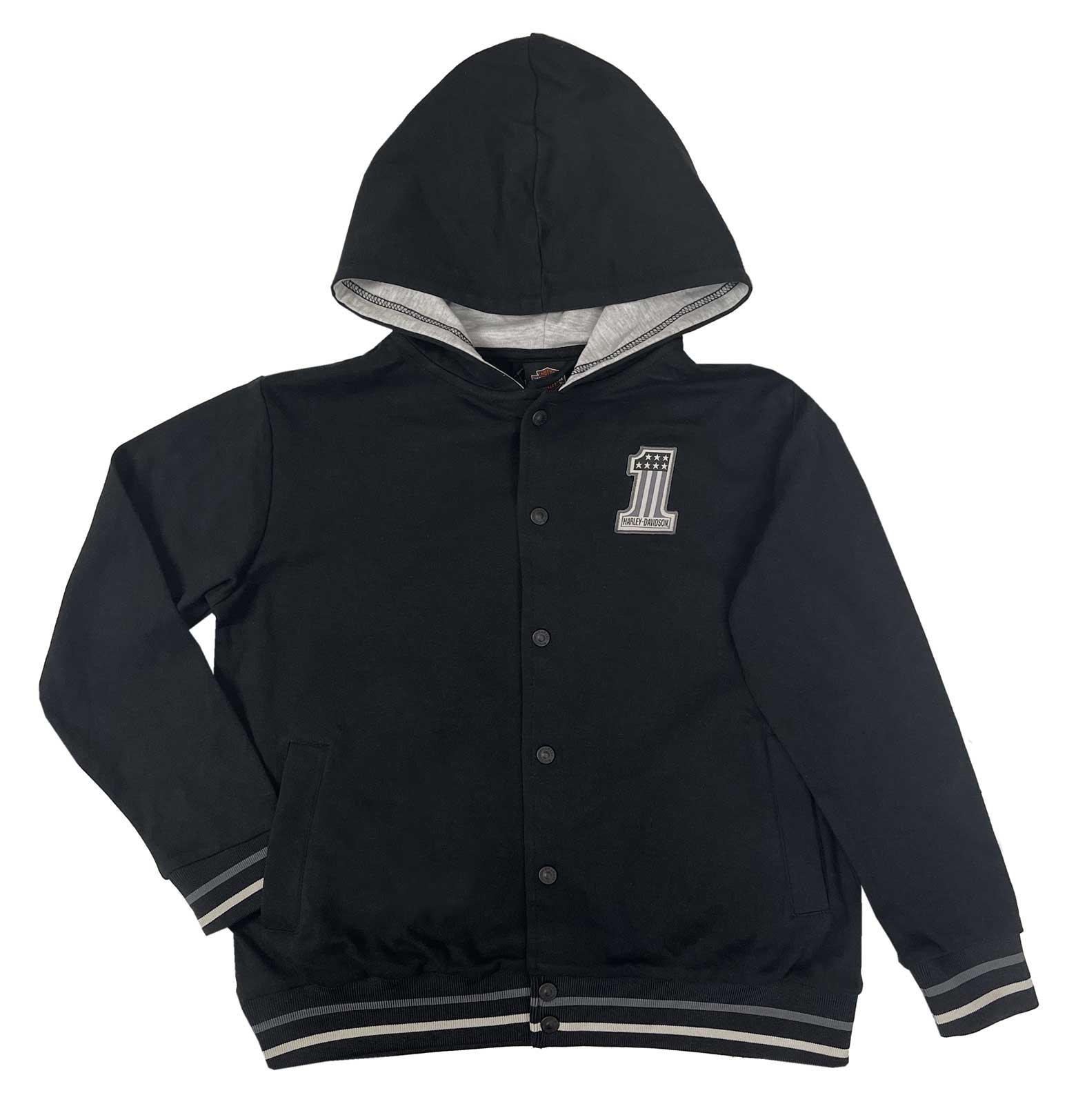 Harley-Davidson® Big Boys' #1 Logo Patch Knit Varsity Hooded Jacket - Black  - Wisconsin Harley-Davidson