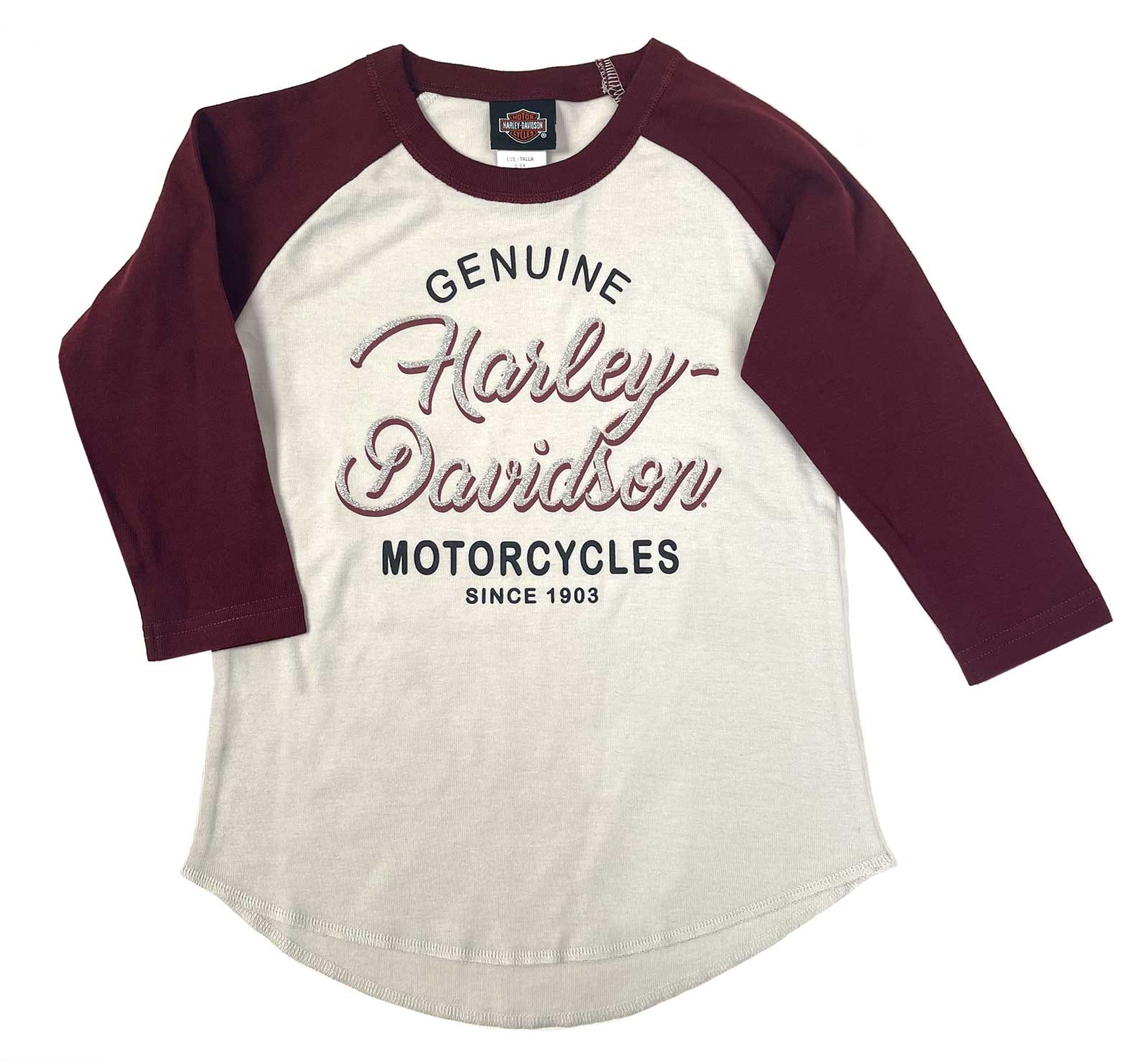 Harley-Davidson Little Girls' Glittery H-D Raglan 3/4 Sleeve Tee- Cream/Burgundy - Wisconsin Harley-Davidson