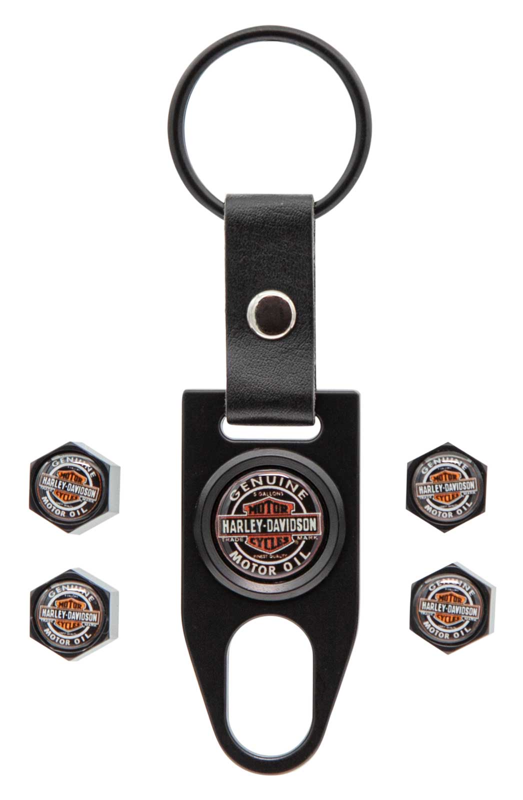 Harley-Davidson Vintage Genuine Motor Oil Valve Stem Covers & Key Chain - Black - Wisconsin Harley-Davidson
