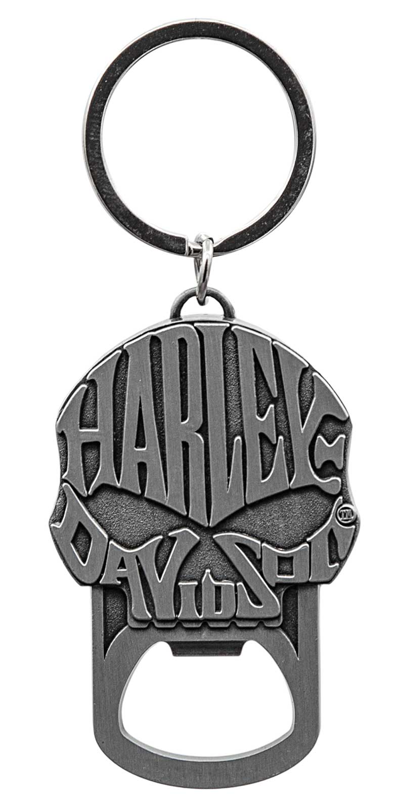 Harley-Davidson Willie G Skull Text Logo Bottle Opener Key Chain - Nickel Finish - Wisconsin Harley-Davidson