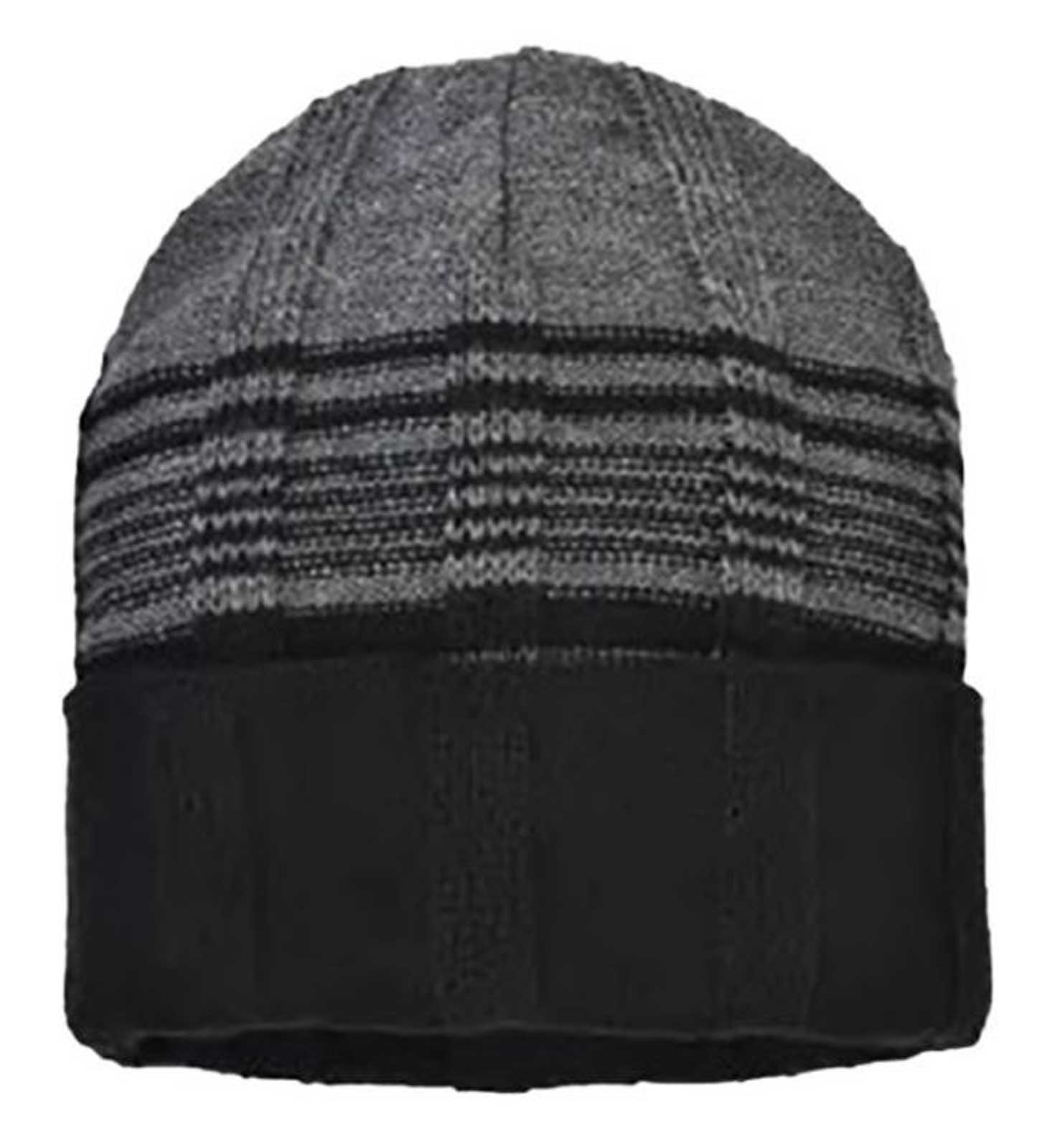 That's A Wrap Men's Fleece-Lined Striped Cuff Winter Beanie Cap - Gray & Black - Wisconsin Harley-Davidson