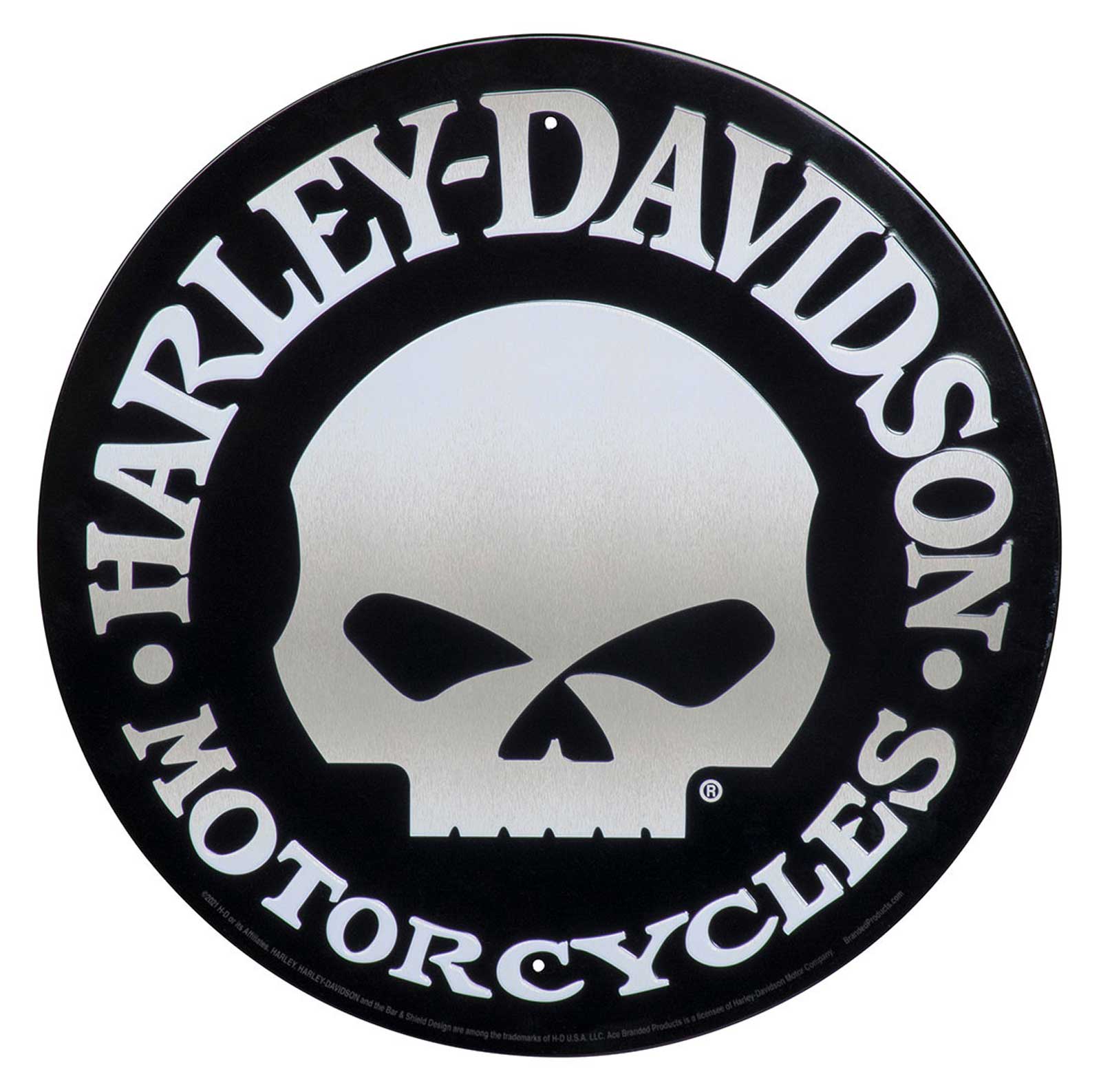Harley-Davidson® Round Tin Sign, Brushed Silver Willie G Skull