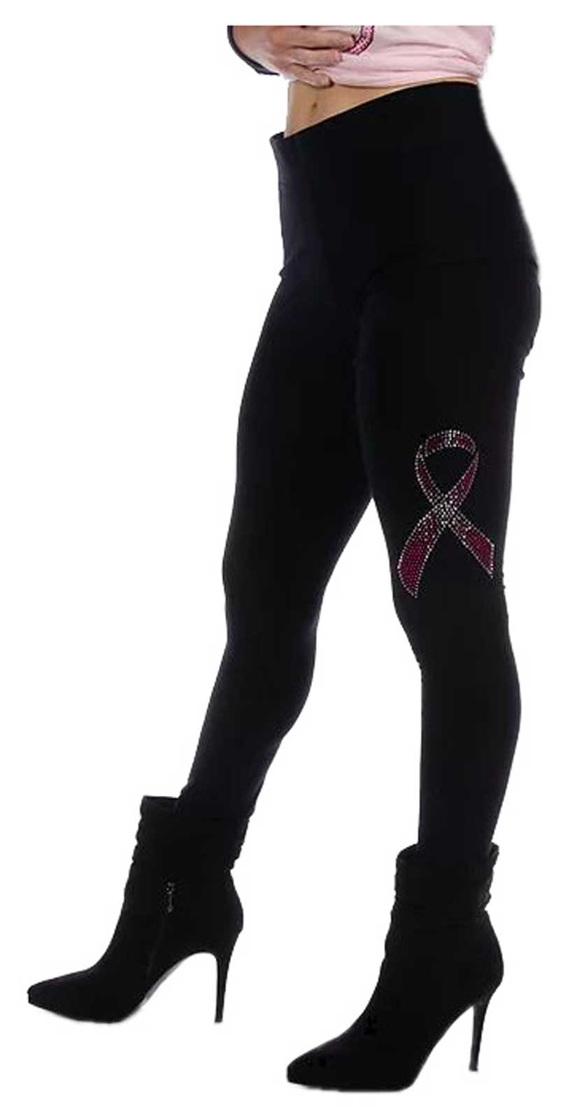 Liberty Wear Women's Relentless Embellished Pink Ribbon Mid-Rise Leggings, Black - Wisconsin Harley-Davidson