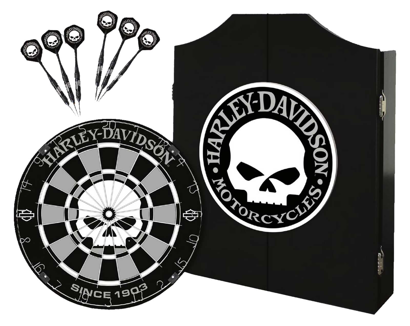 Harley-Davidson Willie G Skull Logo Dart Board Cabinet Kit– Black Wooden Cabinet - Wisconsin Harley-Davidson