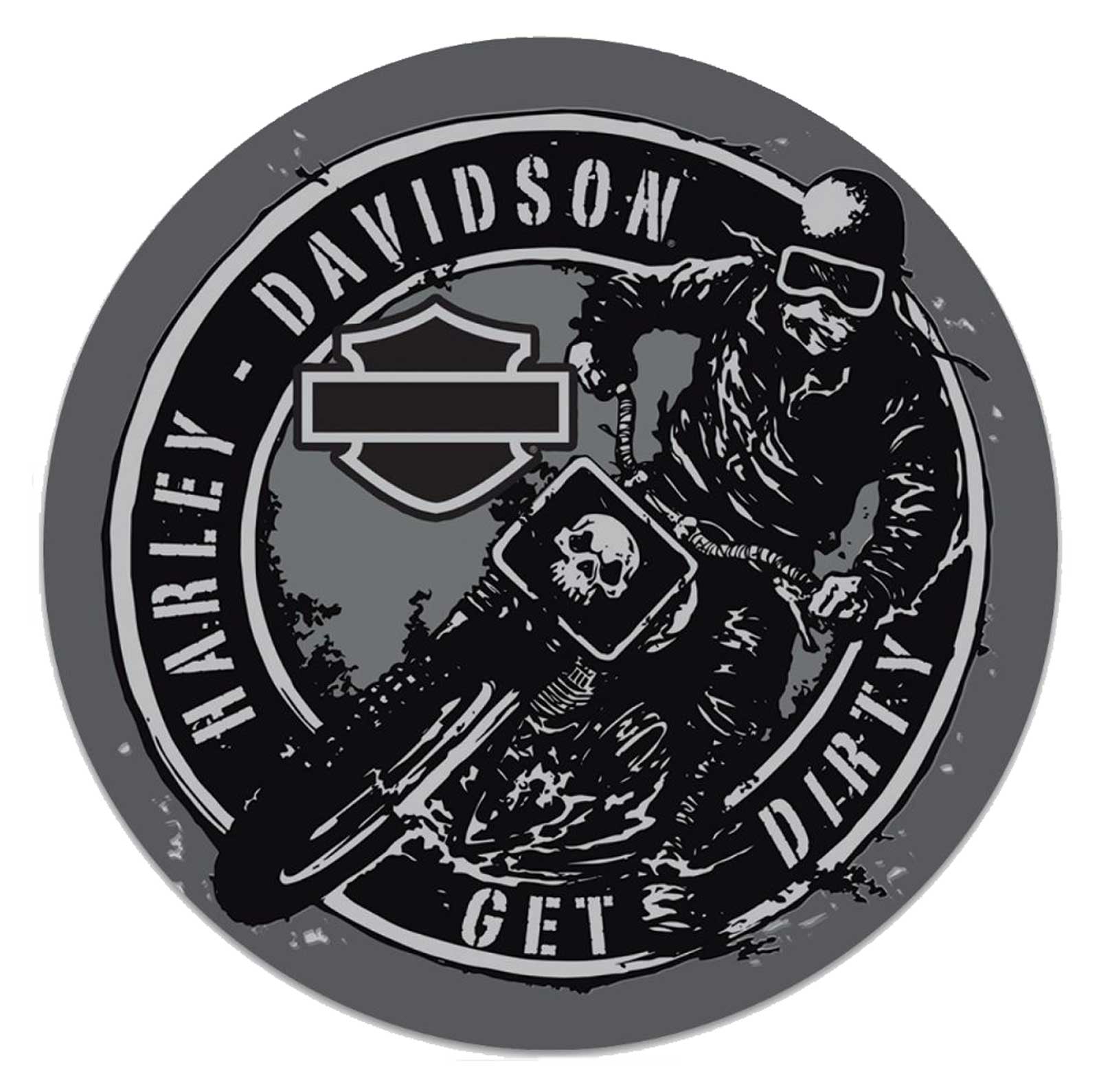 Harley-Davidson Get Dirty Embossed Round Tin Sign, 14 inches - Gray & Black - Wisconsin Harley-Davidson
