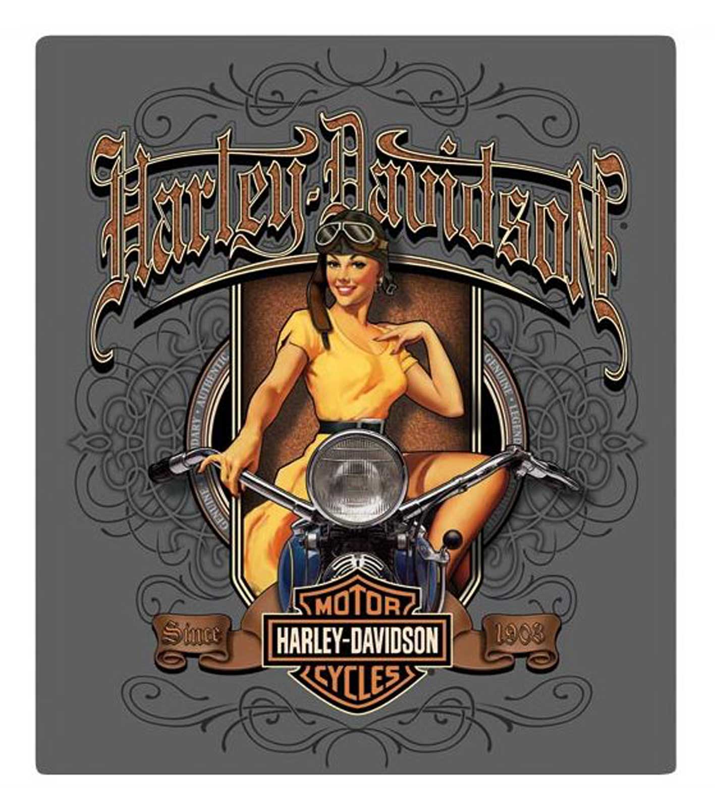 Harley-Davidson Old Scroll Babe Embossed Tin Sign, 13 x 15 inches - Gray - Wisconsin Harley-Davidson