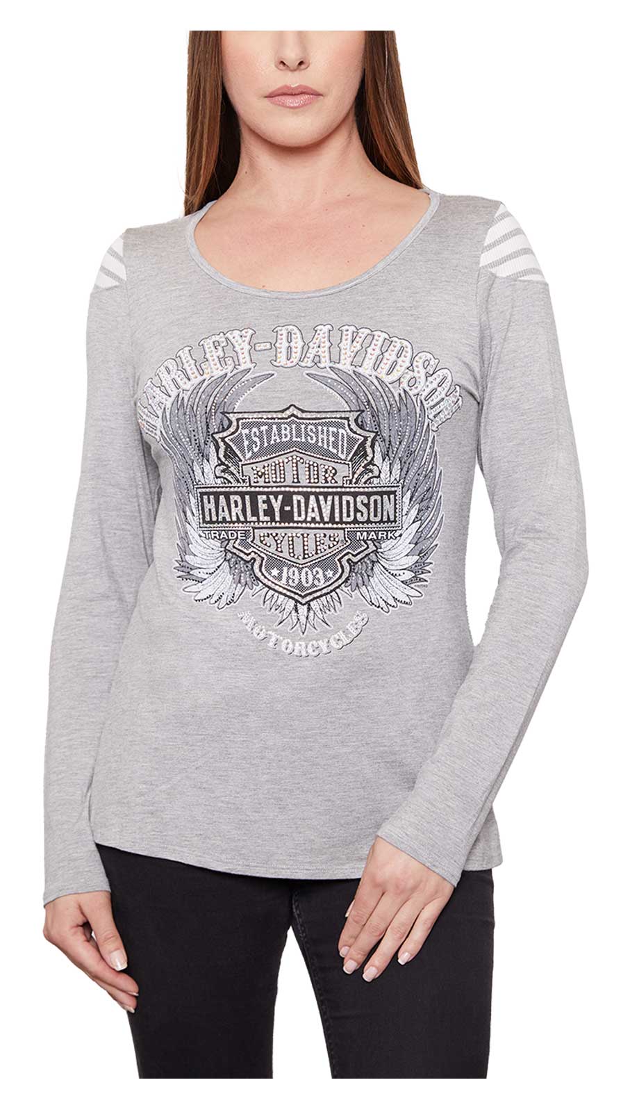 Harley-Davidson Women's Winged B&S Embellished Scoop Neck Long Sleeve Top - Gray - Wisconsin Harley-Davidson