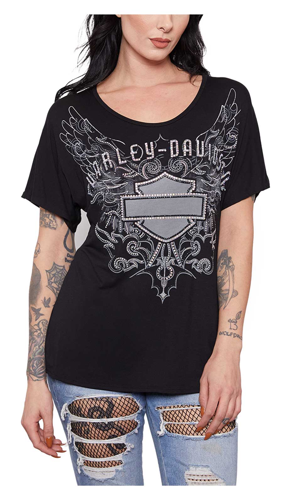 Harley-Davidson Women's Embellished Golden Feathers Short Sleeve Tee - Black - Wisconsin Harley-Davidson