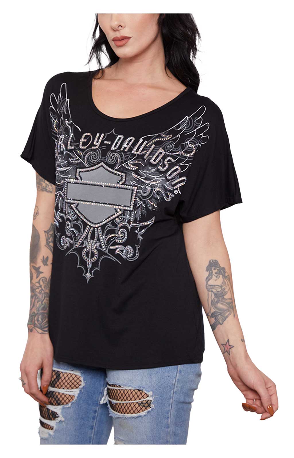 Harley-Davidson Free Shipping - Harley-Davidson Women's Embellished Golden Feathers Short Sleeve Tee - Black - Free Shipping on many products plus Orders Over $99