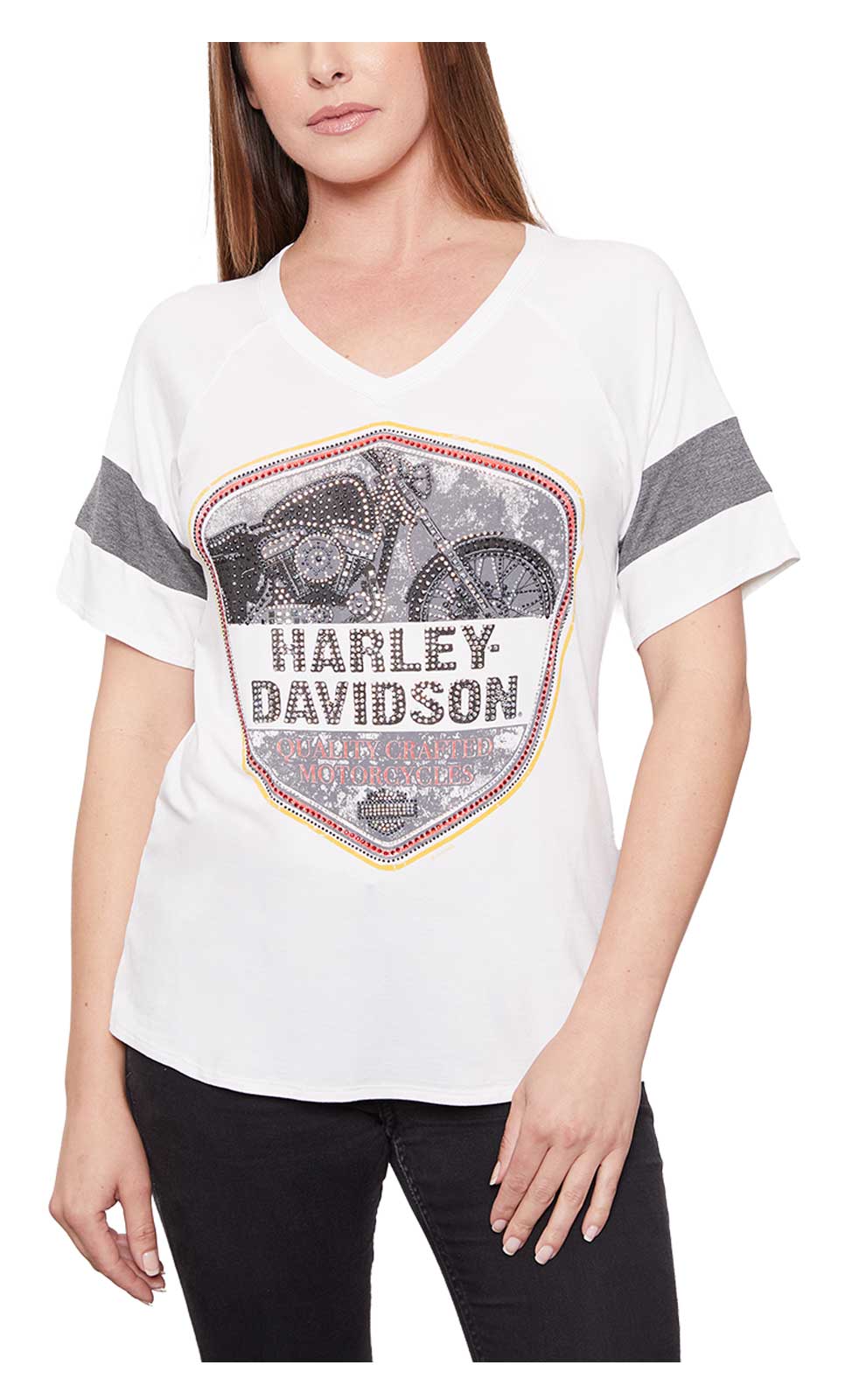 HARLEY-DAVIDSON レディースシャツ XS Harley-Davidson® Women's Embellished Bike V-Neck Striped Short
