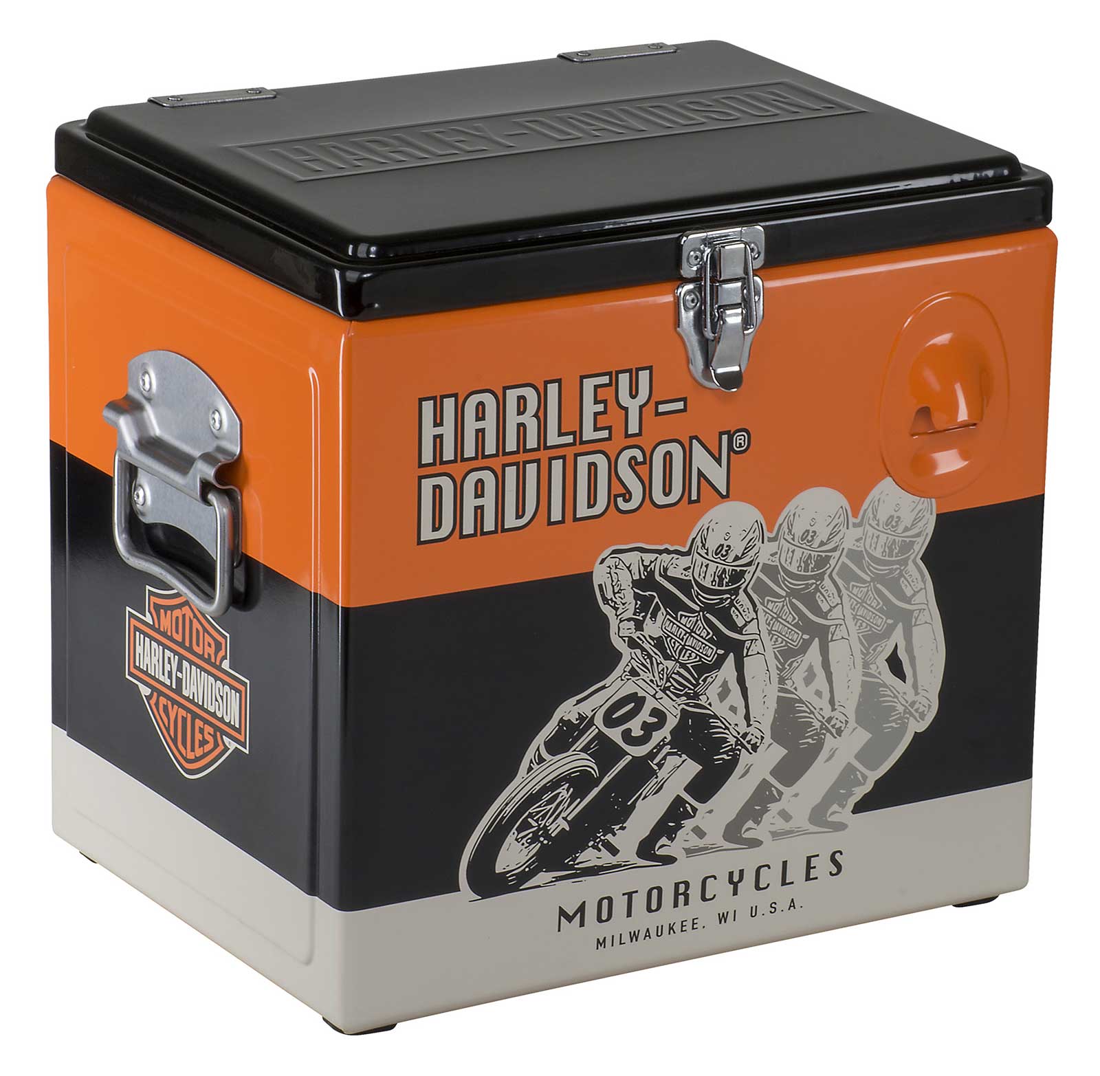 Harley-Davidson Racing Graphics Retro 15 Liter Metal Cooler - Black & Orange - Wisconsin Harley-Davidson