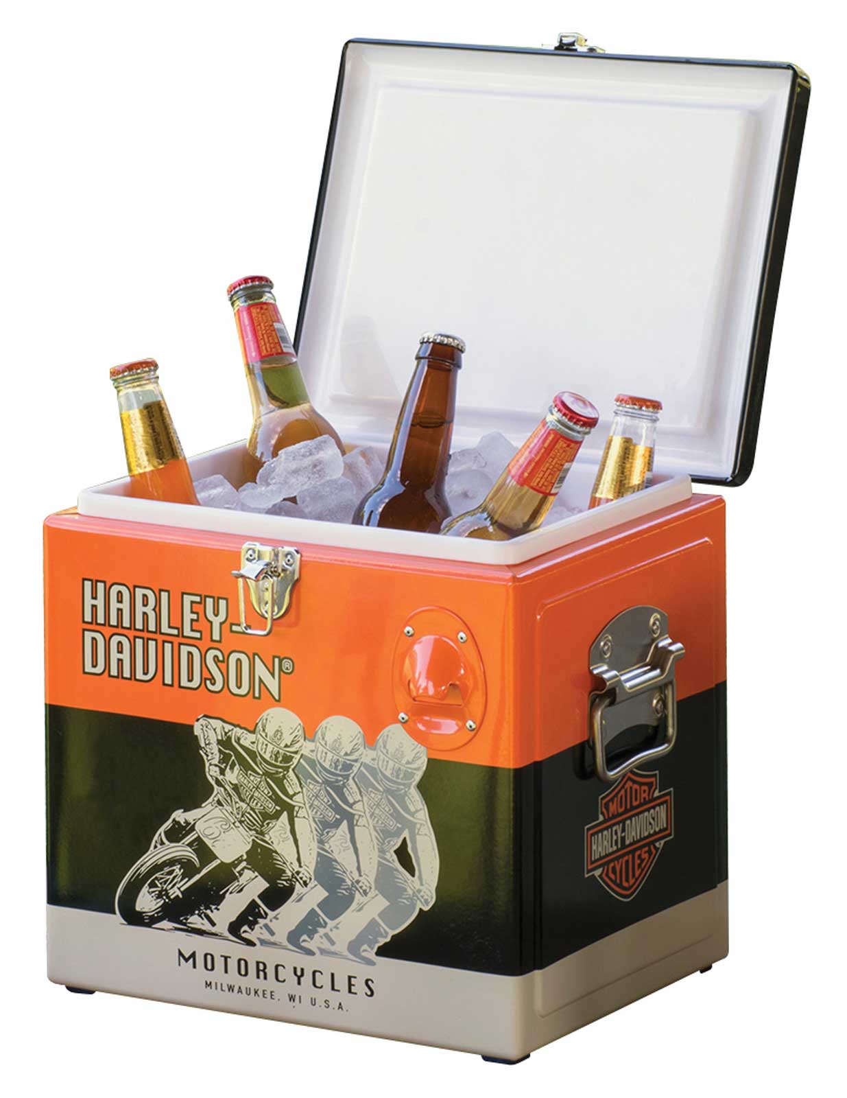 Harley-Davidson Racing Graphics Retro 15 Liter Metal Cooler - Black & Orange - No Hassle Returns at Wisconsin Harley