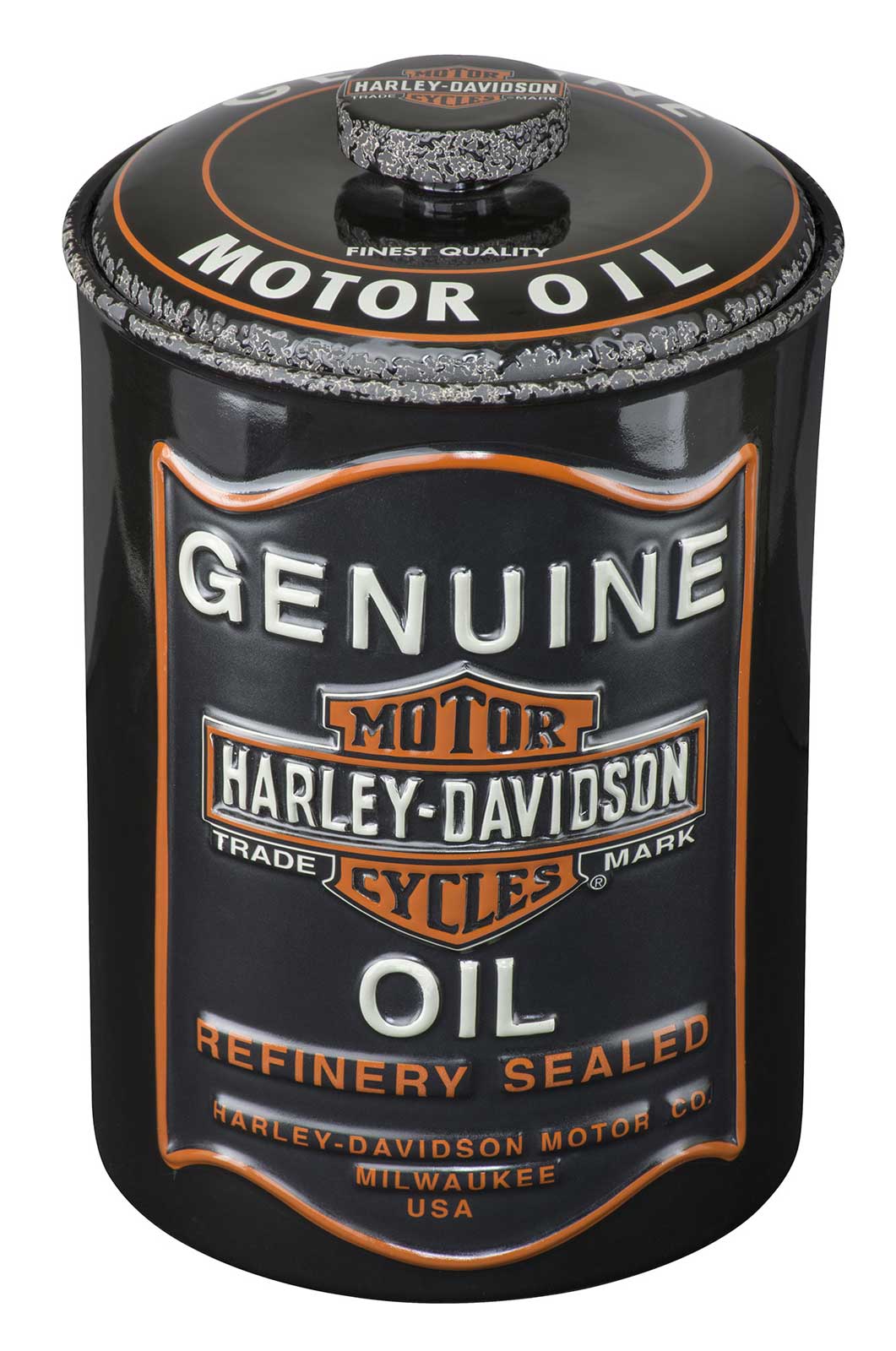 Harley-Davidson Trademark Bar & Shield Oil Can Ceramic Sculpted Cookie Jar - Wisconsin Harley-Davidson