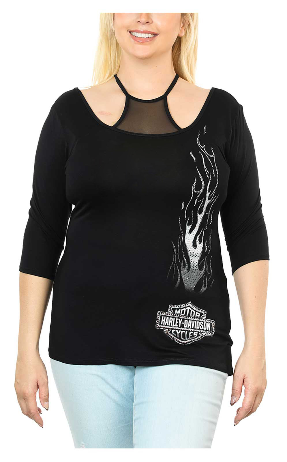 Harley-Davidson Women's Embellished Flames B&S Mesh Neck 3/4 Sleeve Top - Black - Wisconsin Harley-Davidson
