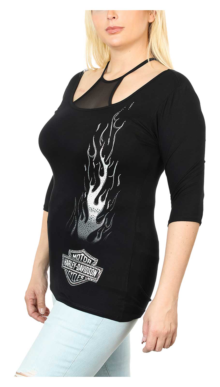 Harley-Davidson Free Shipping - Harley-Davidson Women's Embellished Flames B&S Mesh Neck 3/4 Sleeve Top - Black - Free Shipping on many products plus Orders Over $99