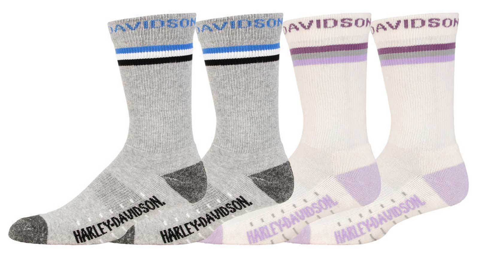 Harley-Davidson Women's 4-Pack Striped Riding Crew Fit Socks- White & Gray - Wisconsin Harley-Davidson