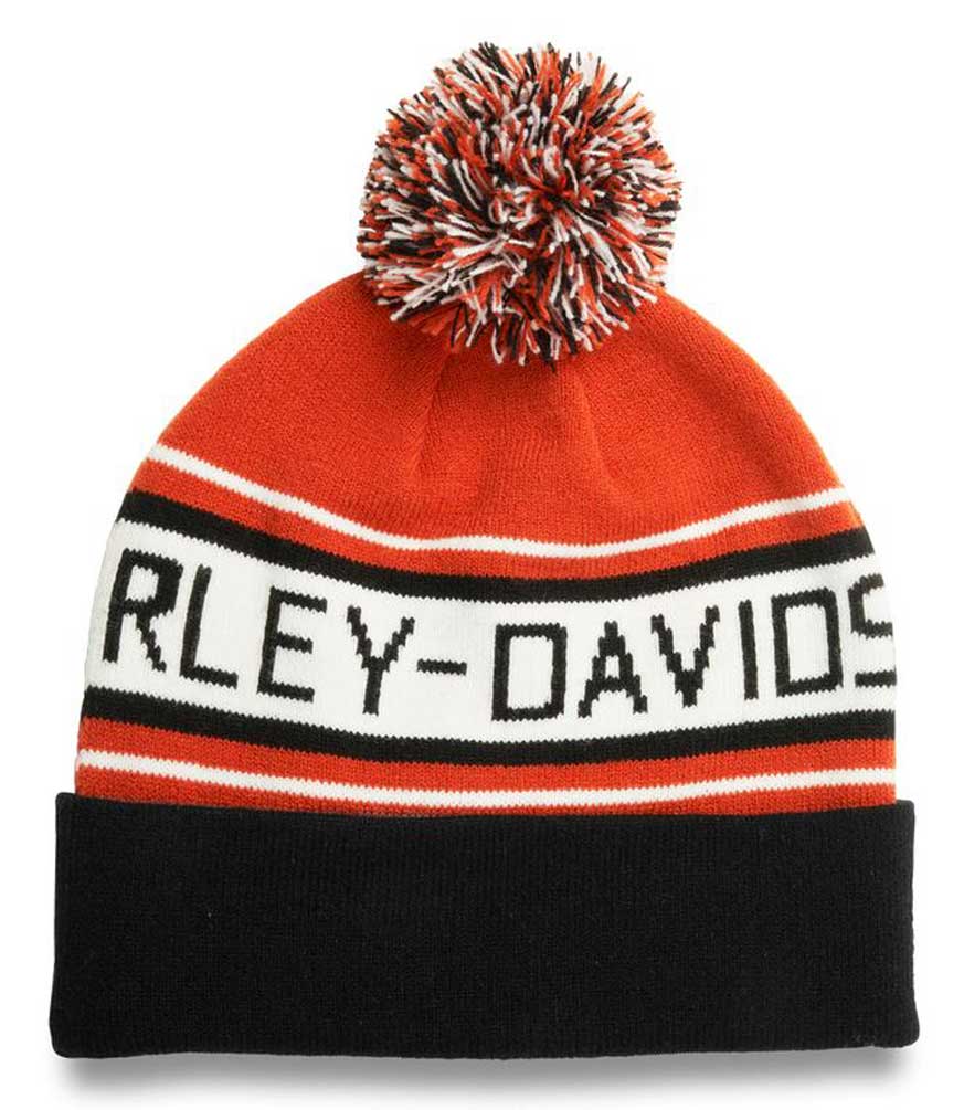 Harley-Davidson Men's Block Font Turned Back Knit Beanie Pom Hat 97618-22VM - Wisconsin Harley-Davidson