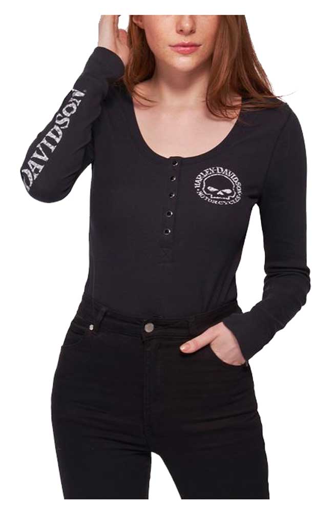 Harley-Davidson Women's Skull Snap Front Long Sleeve Henley - Black 99099-22VW - No Hassle Returns at Wisconsin Harley