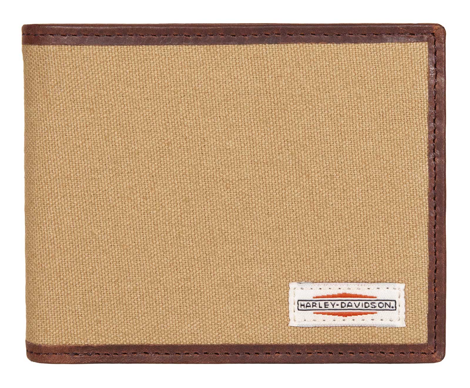 Harley-Davidson Men's Patch Cotton Canvas & Leather Bi-Fold RFID Wallet - Khaki - Wisconsin Harley-Davidson