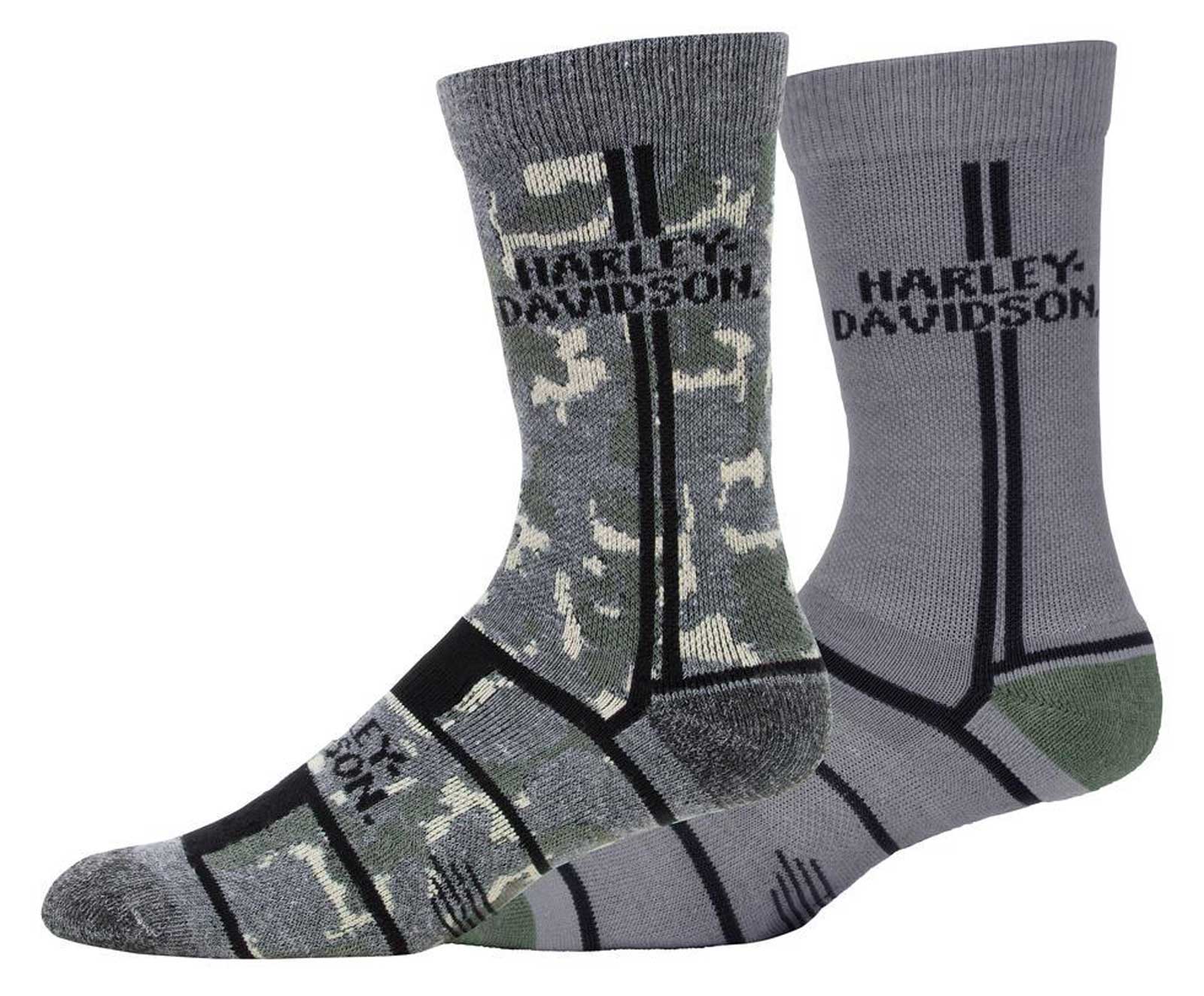 Harley-Davidson Men's 2-Pack Performance Camo & Striped Riding Crew Socks- Gray - Wisconsin Harley-Davidson