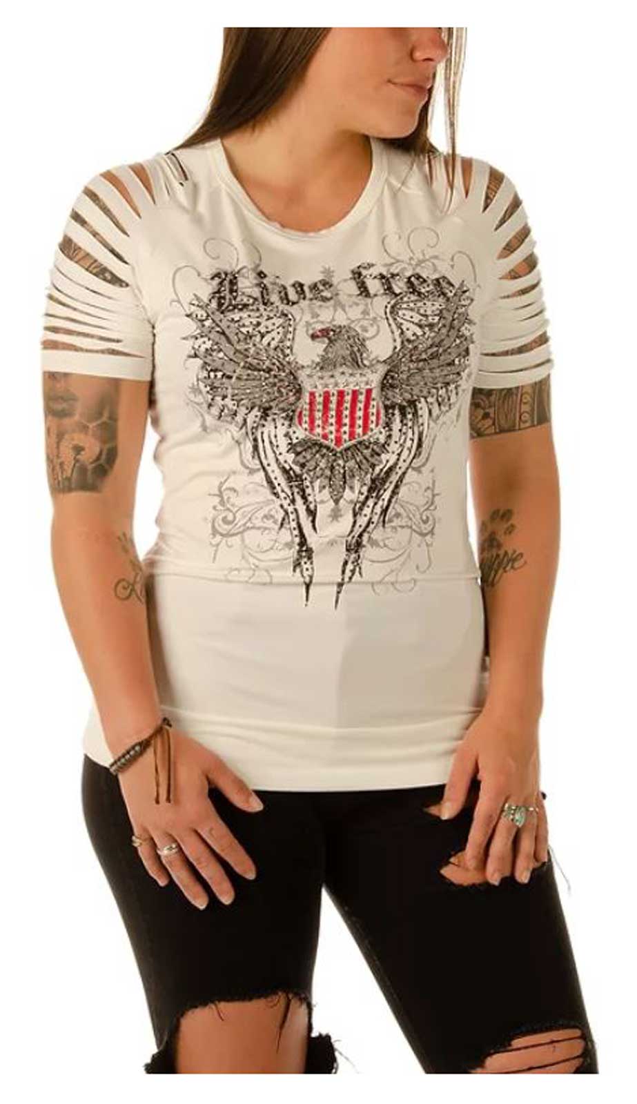 Liberty Wear Women's Free Bird Embellished Patriotic Short Sleeve Tee - White - Wisconsin Harley-Davidson
