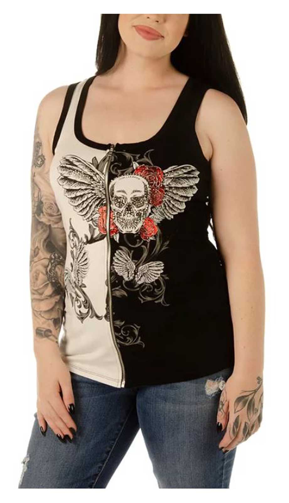 Liberty Wear Women's Embellished Lilith Zip Vest Tank Top - Black/White - Wisconsin Harley-Davidson