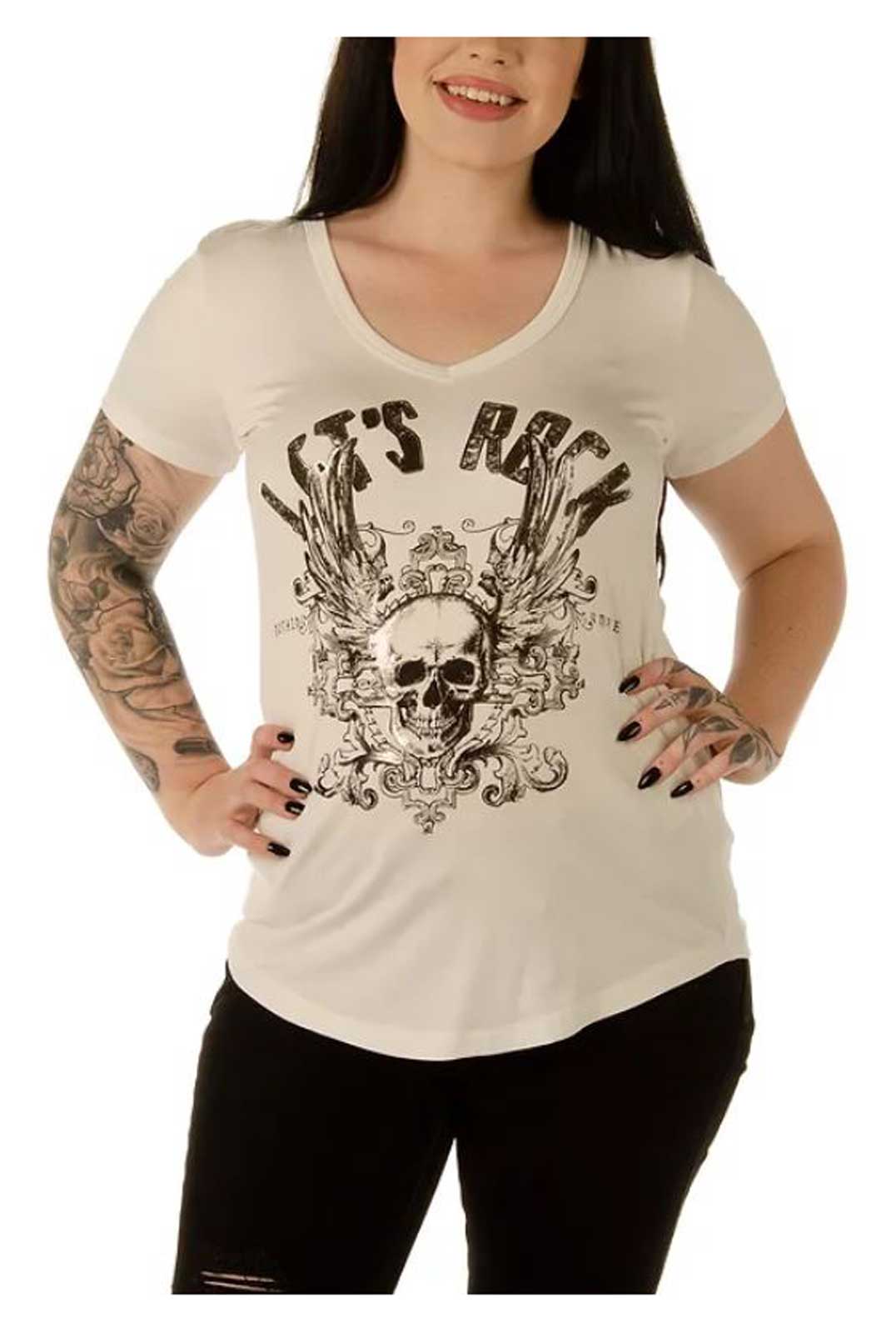 Liberty Wear Women's Foiled Let's Rock Open Rib Back Short Sleeve Tee - White - Wisconsin Harley-Davidson