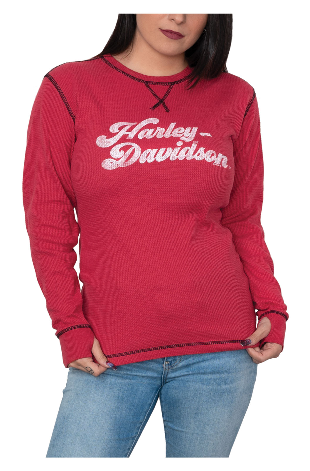 Harley-Davidson Women's Mobile Long Sleeve Thermal Tee w/Thumbholes, Cardinal - Wisconsin Harley-Davidson