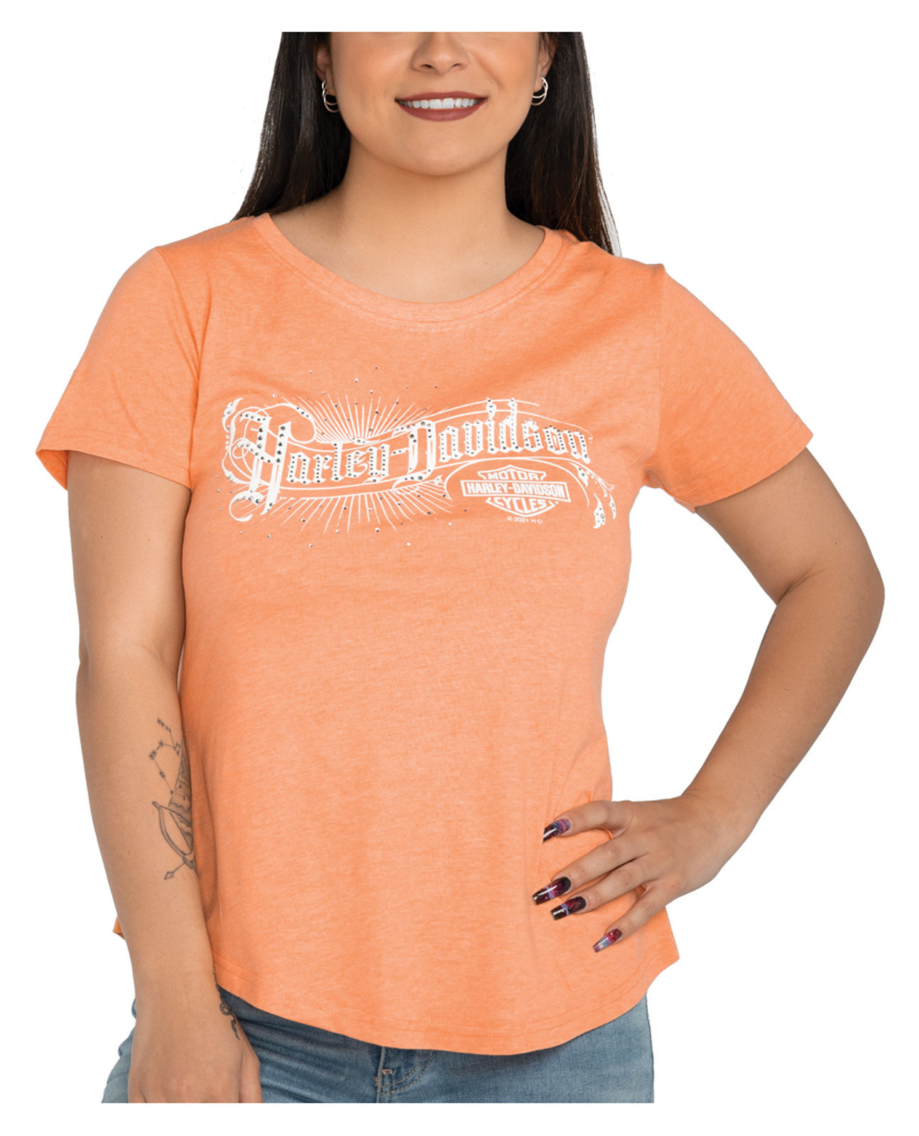 Harley-Davidson Women's Embellished Old World Short Sleeve Tee - Peach - Wisconsin Harley-Davidson