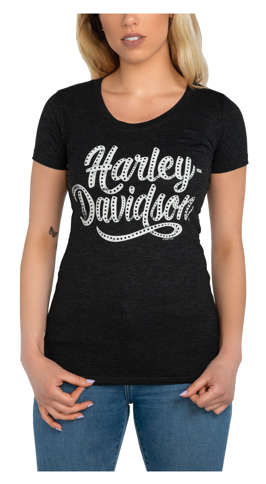 Harley-Davidson Women's Embellished Script Scoop Neck Short Sleeve Tee - Black - Wisconsin Harley-Davidson