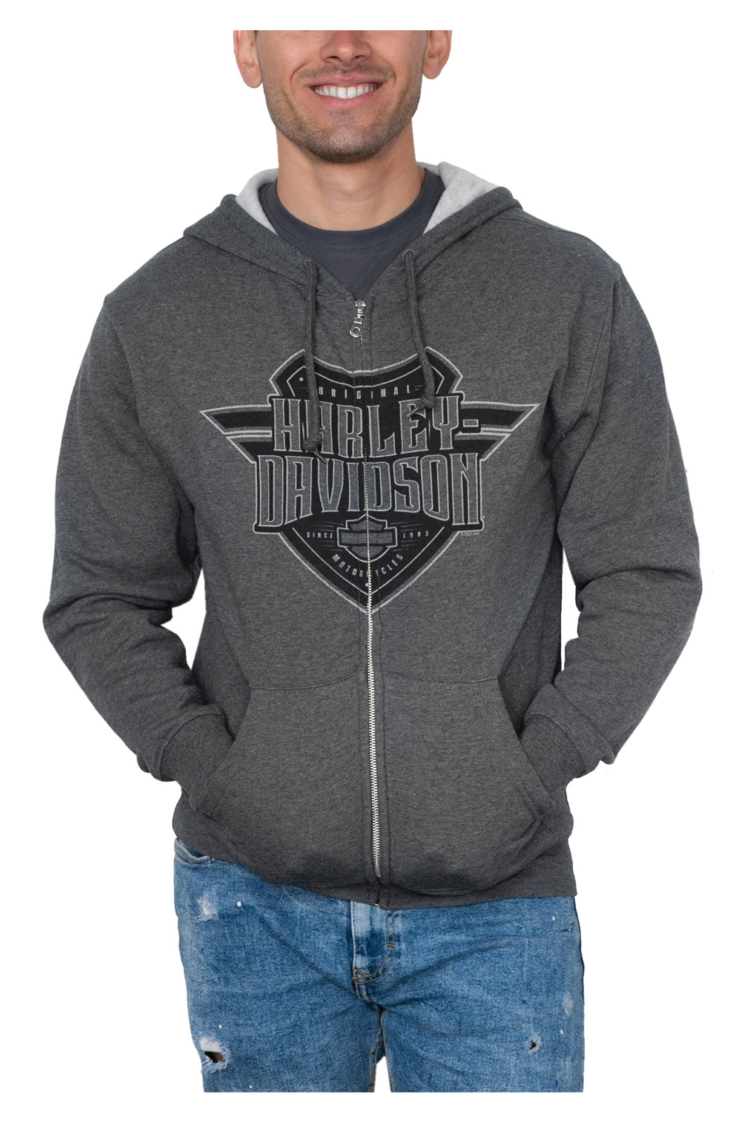 Harley-Davidson Men's Sentinel Zip-Up Fleece Hooded Sweatshirt - Charcoal - Wisconsin Harley-Davidson