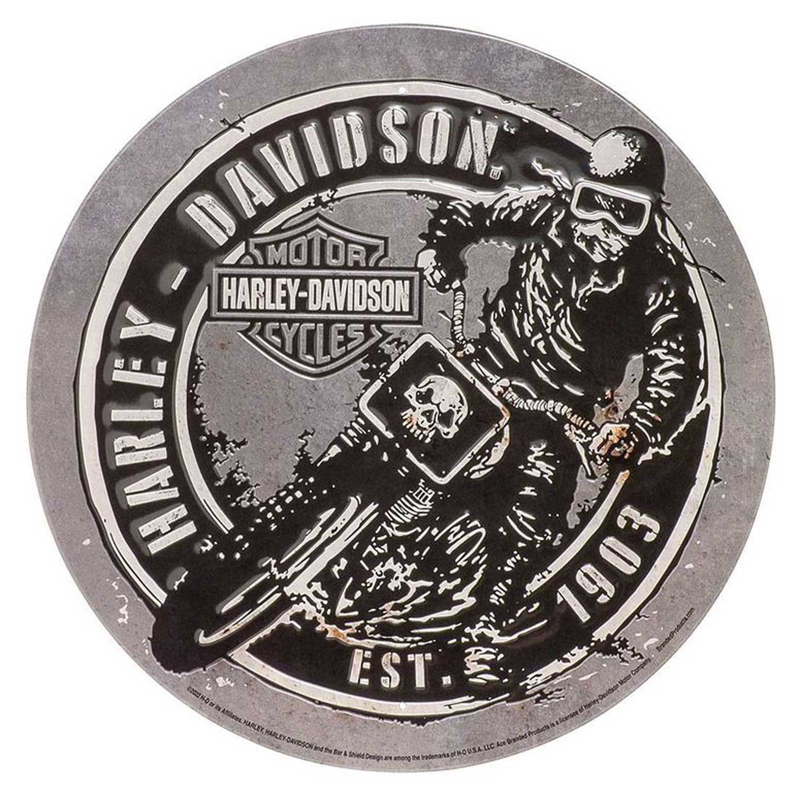 Harley-Davidson Embossed Round Tin Sign, Dirt Track Racer Logo, 12 inches - Wisconsin Harley-Davidson
