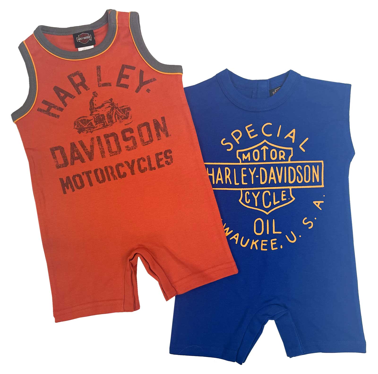 Harley-Davidson Baby Boys' 2-Pack Infant Sleeveless Romper Set - Orange & Blue - Wisconsin Harley-Davidson