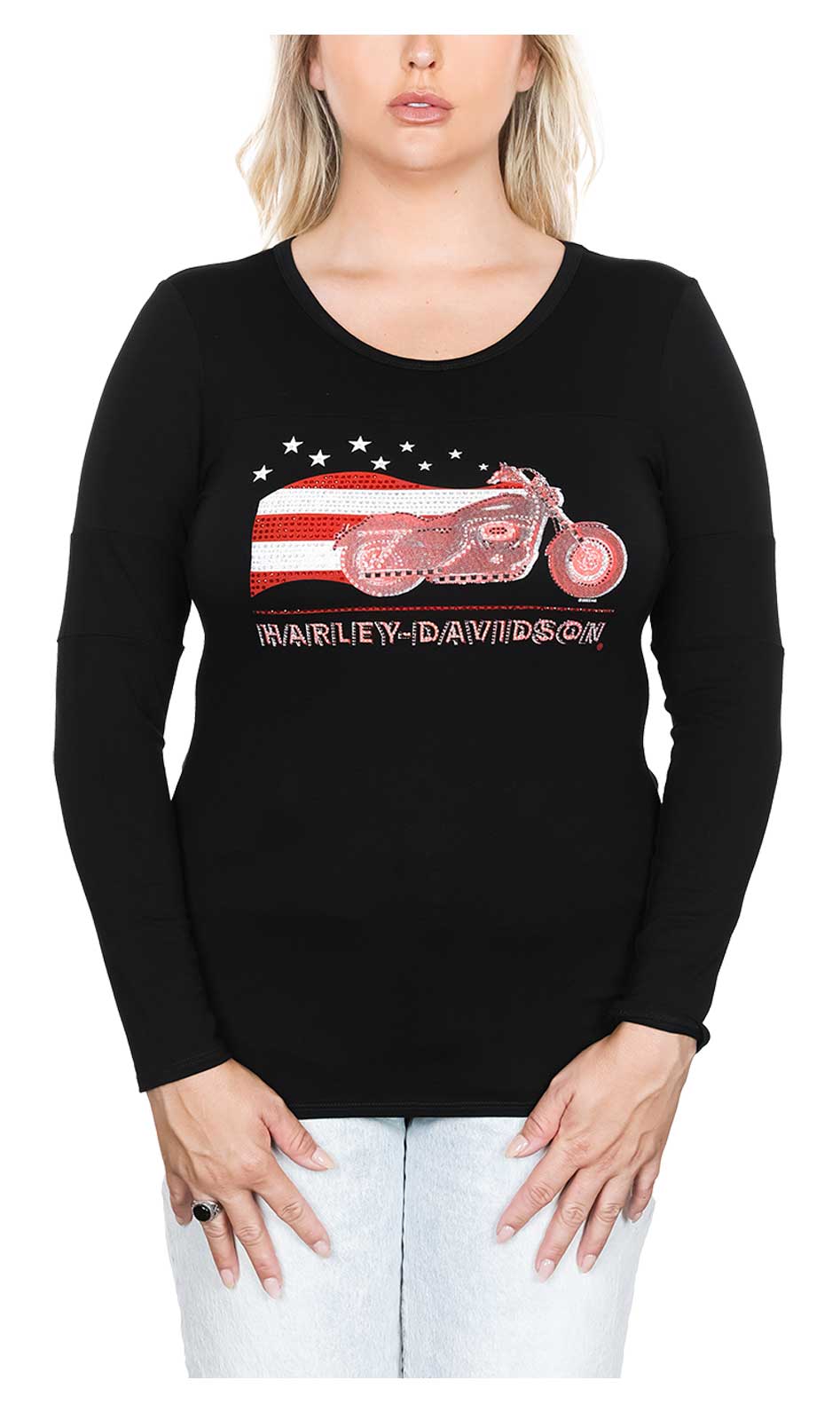 Harley-Davidson® Women's Patriotic Motorcycle Long Sleeve Round Neck Top -  Black