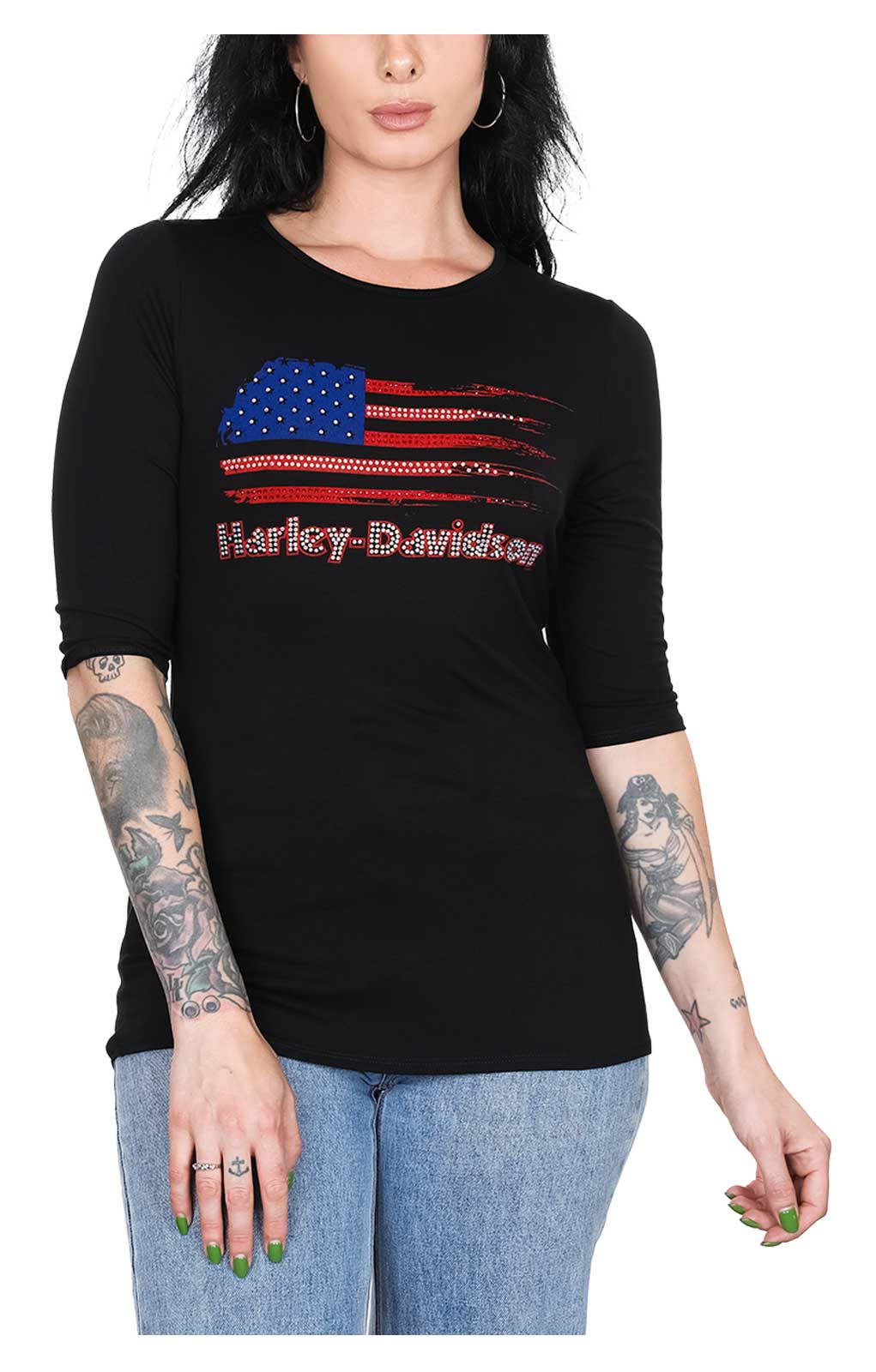 Harley-Davidson Women's Embellished Flag 3/4 Sleeve Round Neck Top - Black - Wisconsin Harley-Davidson