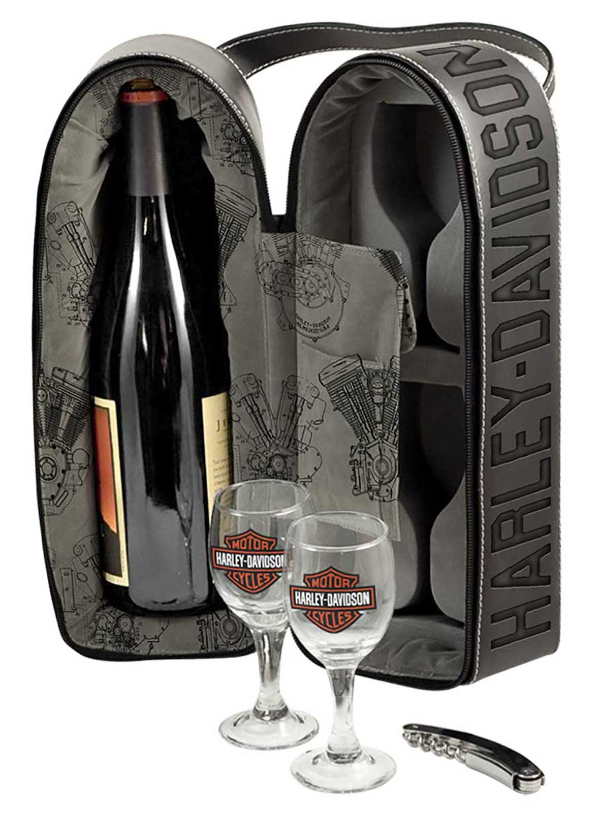 Harley-Davidson Repeat Engine Pattern Wine Bottle Hard-Sided Case Tote Set - Wisconsin Harley-Davidson