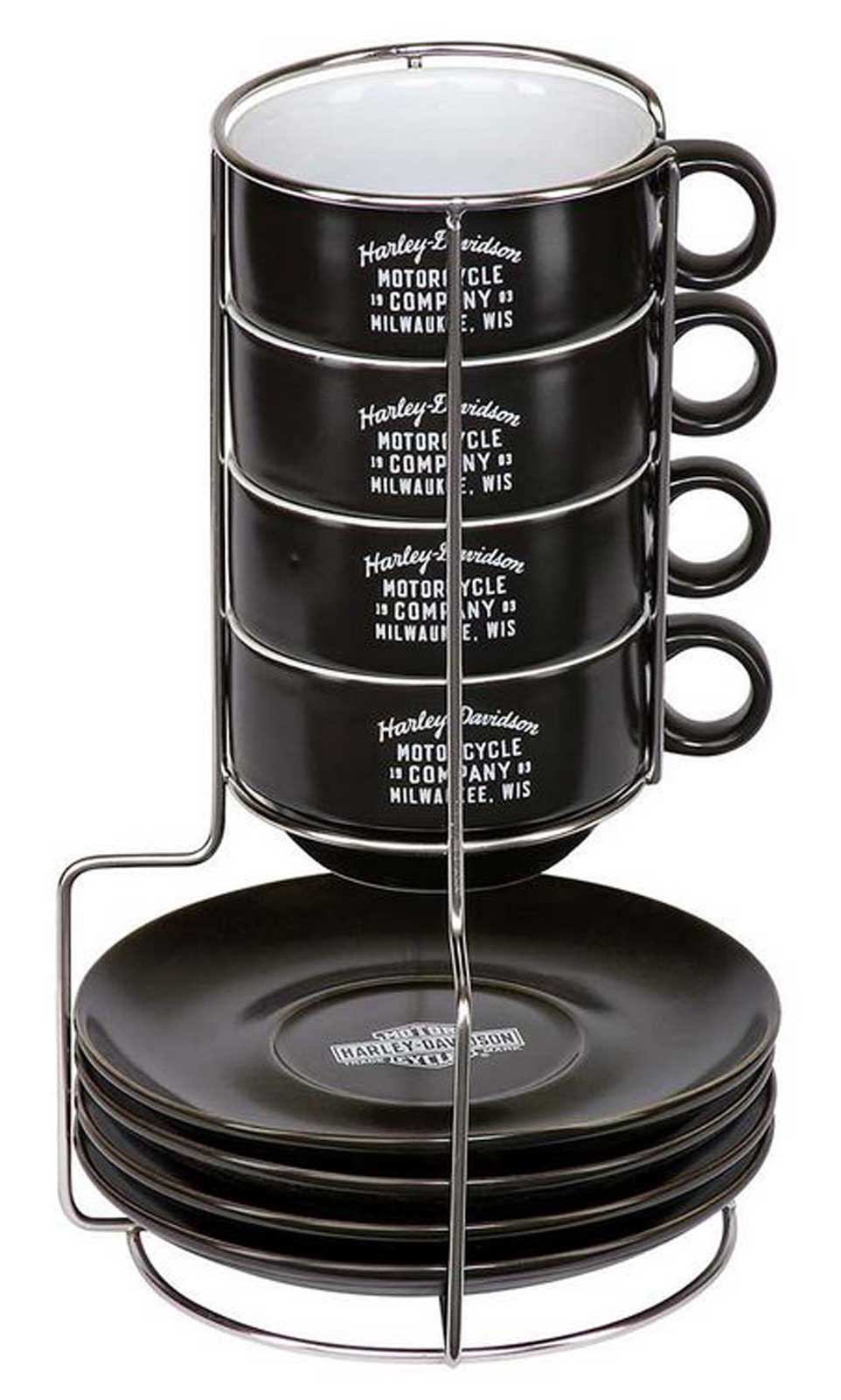 Harley-Davidson® Espresso Mug Set, Set of 4 Ceramic Mugs & Saucers