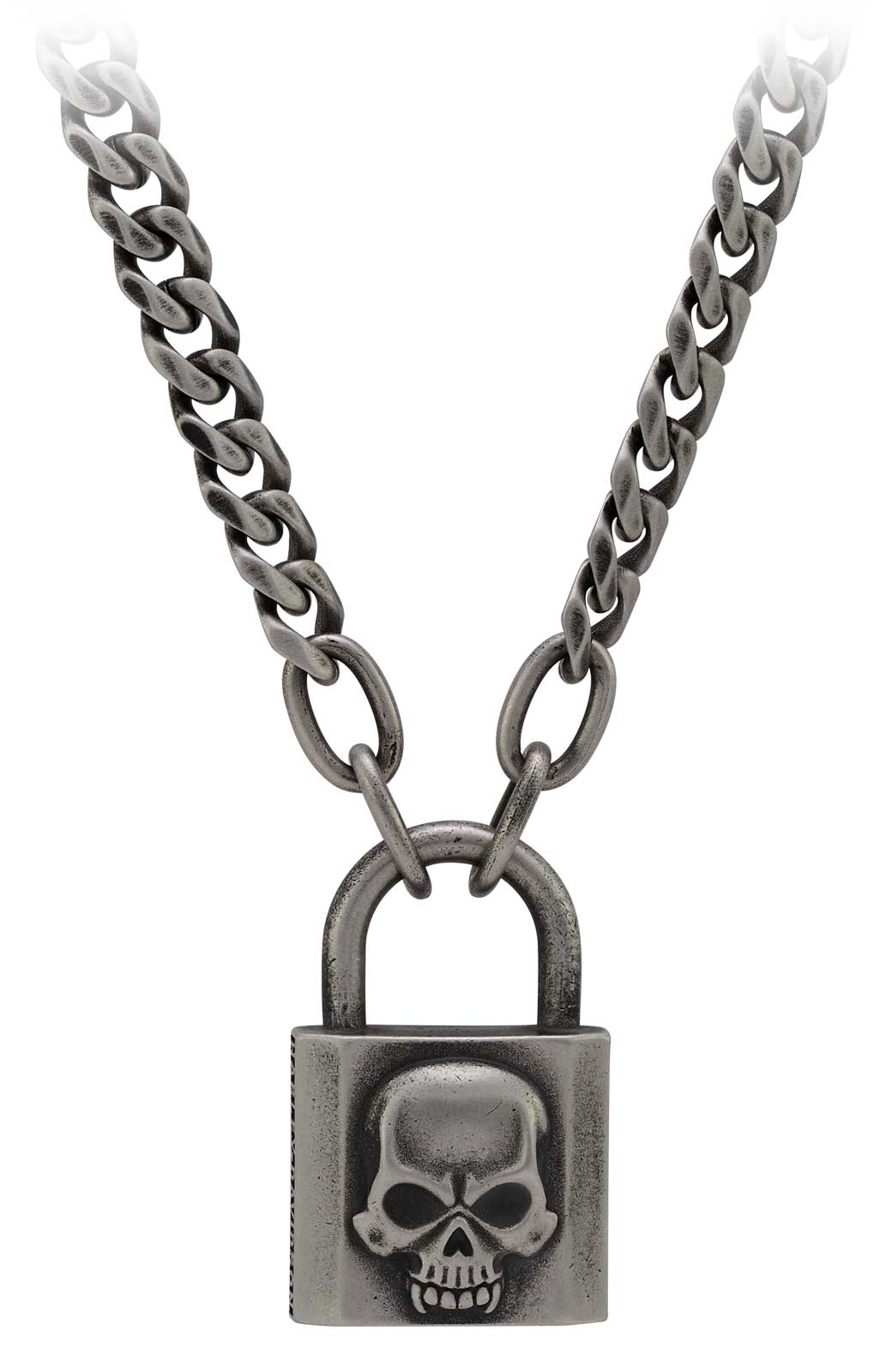 Men's Sterling Silver Skull Key and Lock Necklace 