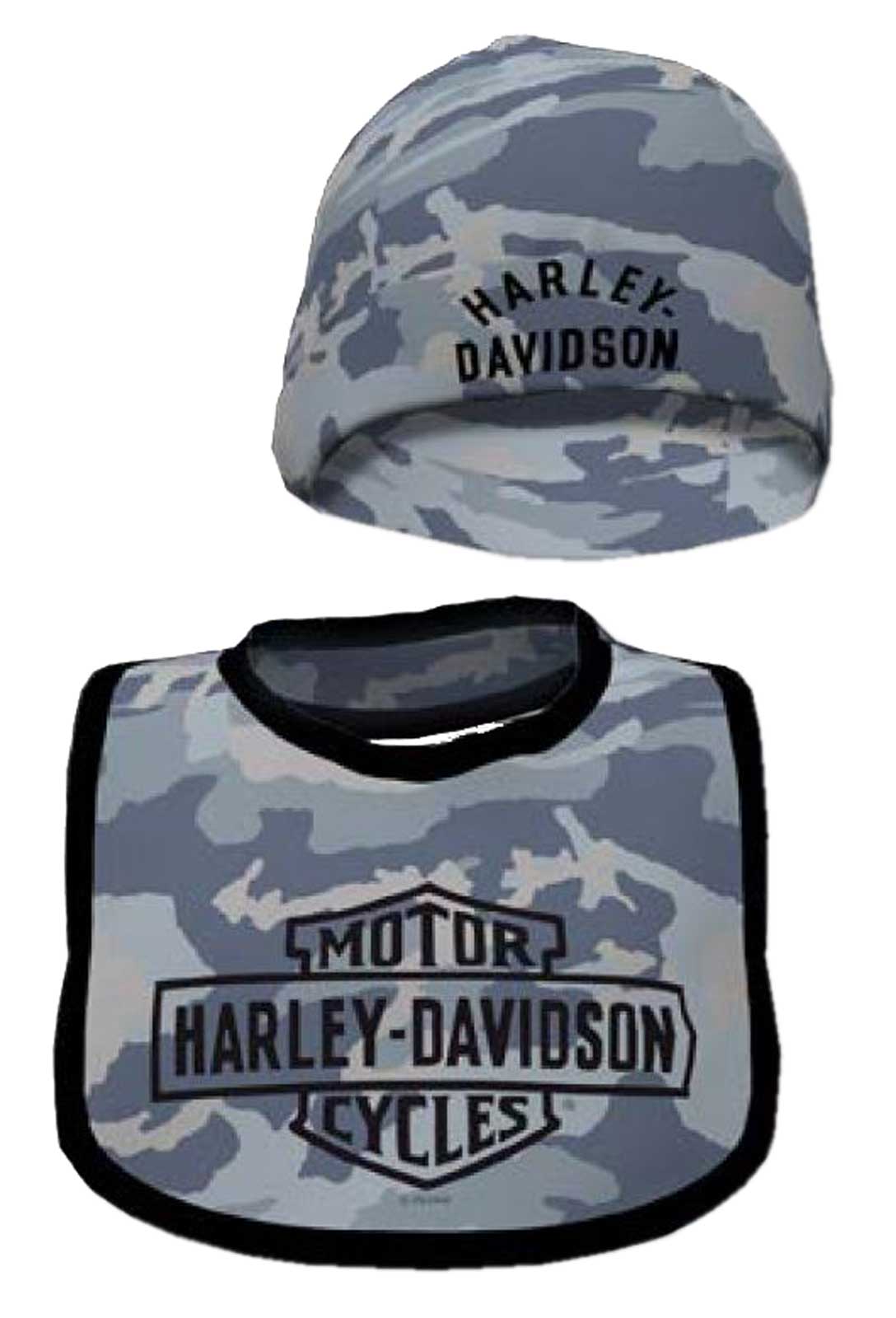 Harley-Davidson Baby Boys' Printed Camo Newborn Bib & Hat Set - Blue Gray - Wisconsin Harley-Davidson