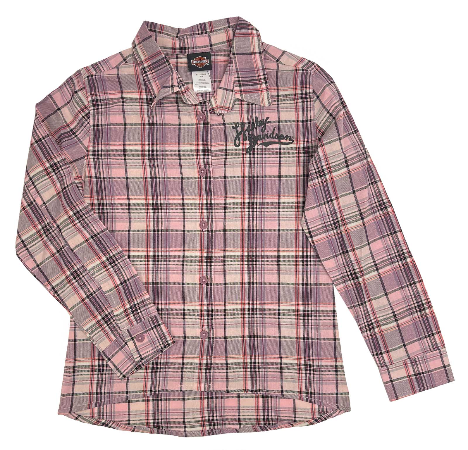Harley-Davidson Big Girls' Brushed Long Sleeve Button Plaid Shirt - Pink - Wisconsin Harley-Davidson