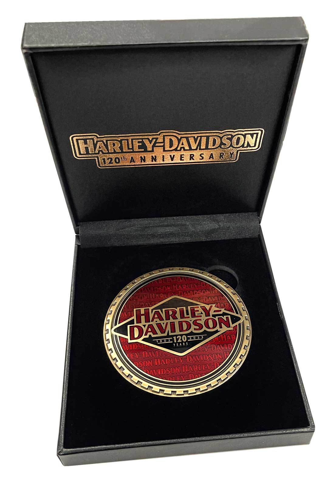 Harley-Davidson 120th Anniversary Metal Medallion in Leatherette Box - 3 inch - Wisconsin Harley-Davidson