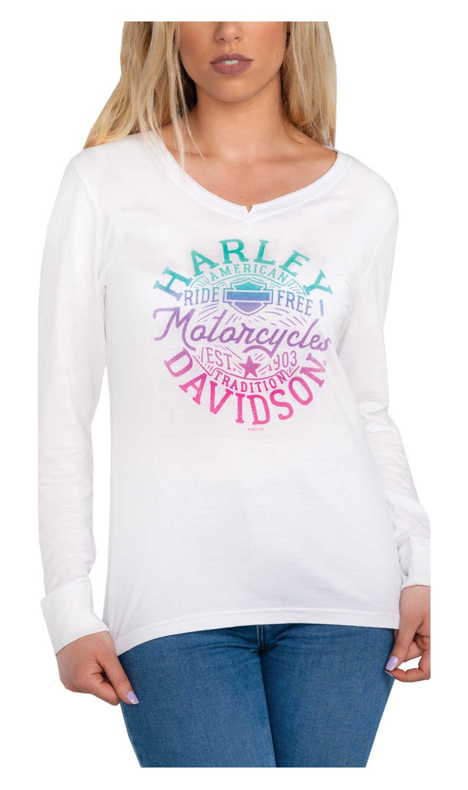 Harley-Davidson Women's Colorful Circle Wings V-Neck Long Sleeve Shirt - White - Wisconsin Harley-Davidson