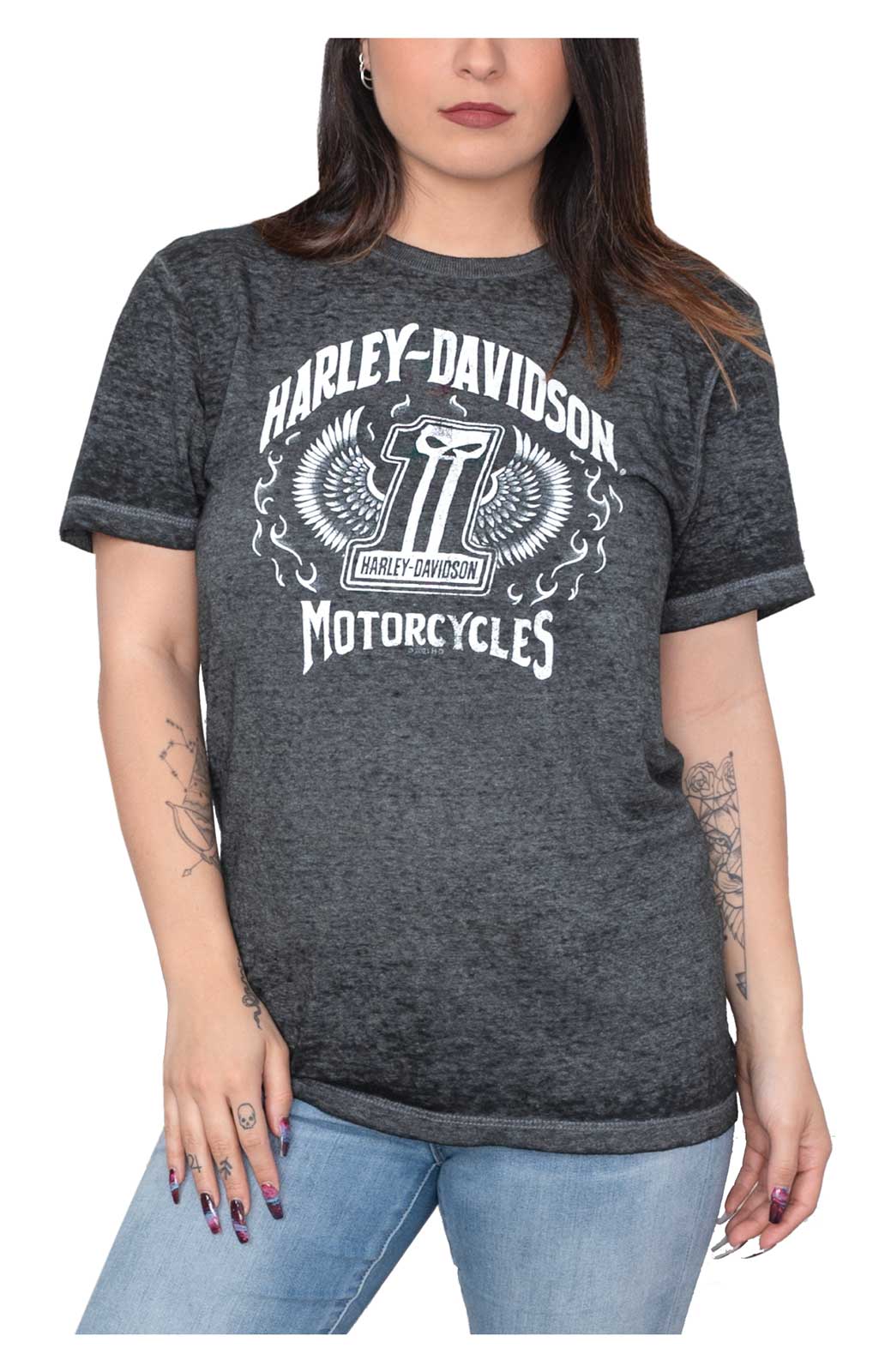 Harley-Davidson Women's #1 Skull Crew-Neck Acid Wash Short Sleeve Tee, Black - Wisconsin Harley-Davidson