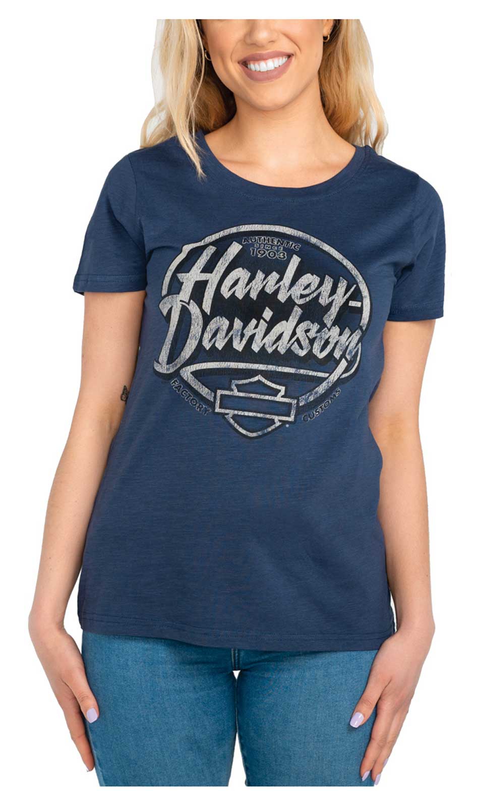 Harley-Davidson Women's Outburst Scoop Neck Short Sleeve Tee - Indigo Blue - Wisconsin Harley-Davidson