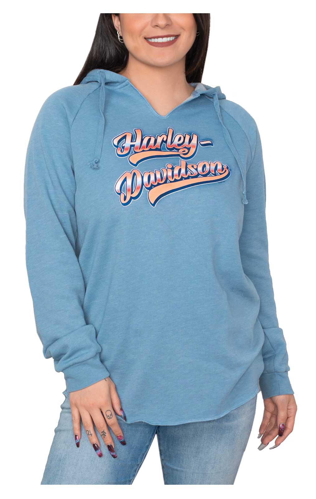 Harley-Davidson Women's H-D Raw-Edge Pullover Hoodie - Misty Blue - Wisconsin Harley-Davidson