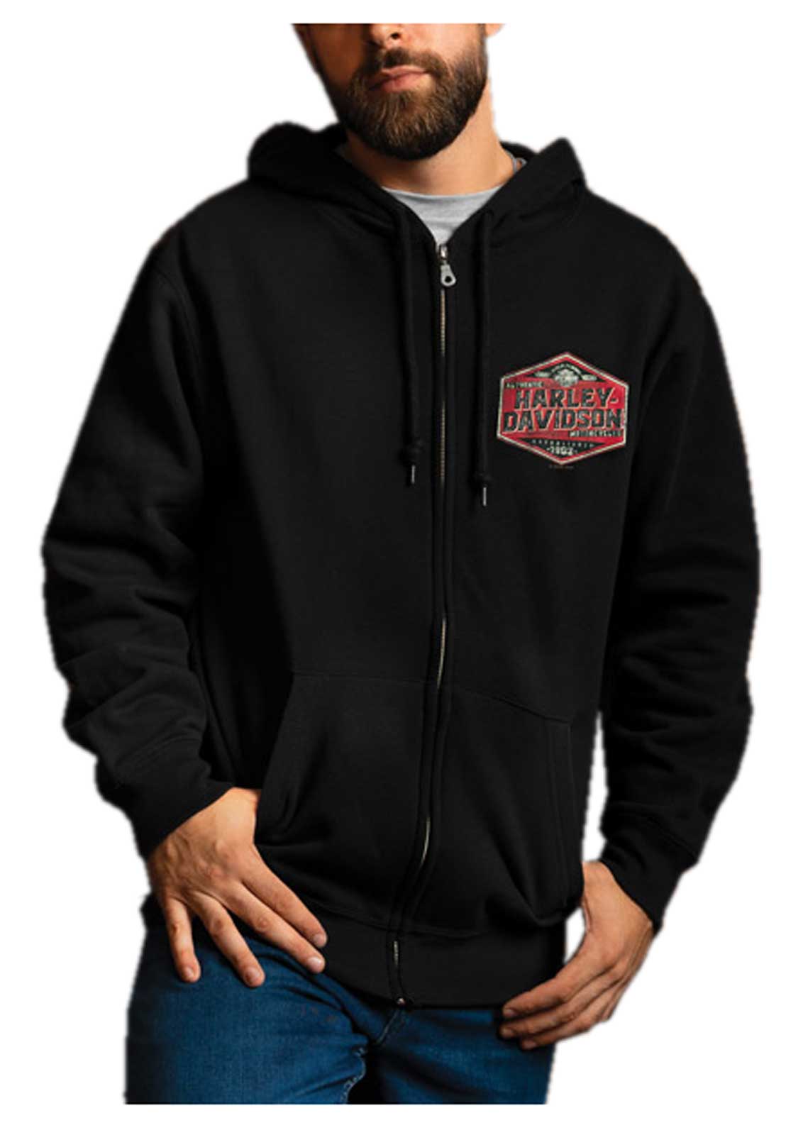 Harley-Davidson Men's Strong Box Zip-Up Fleece Hooded Sweatshirt - Black - Wisconsin Harley-Davidson
